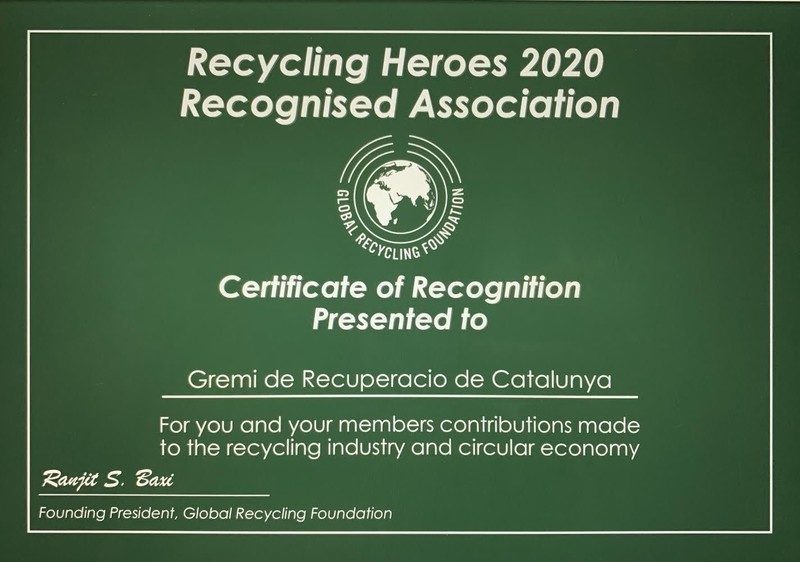 El Gremi de Recuperació de Catalunya, premiado como Héroe del Reciclaje por la Global Recycling Foundation